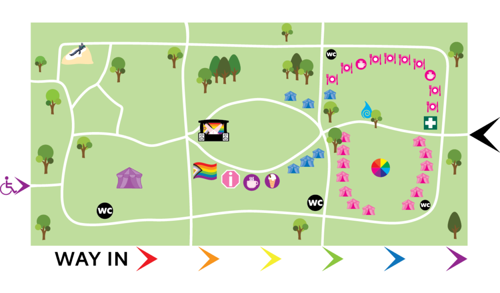 A map of Merrion Square park highlighting the layout of Pride Village and the entrance points.