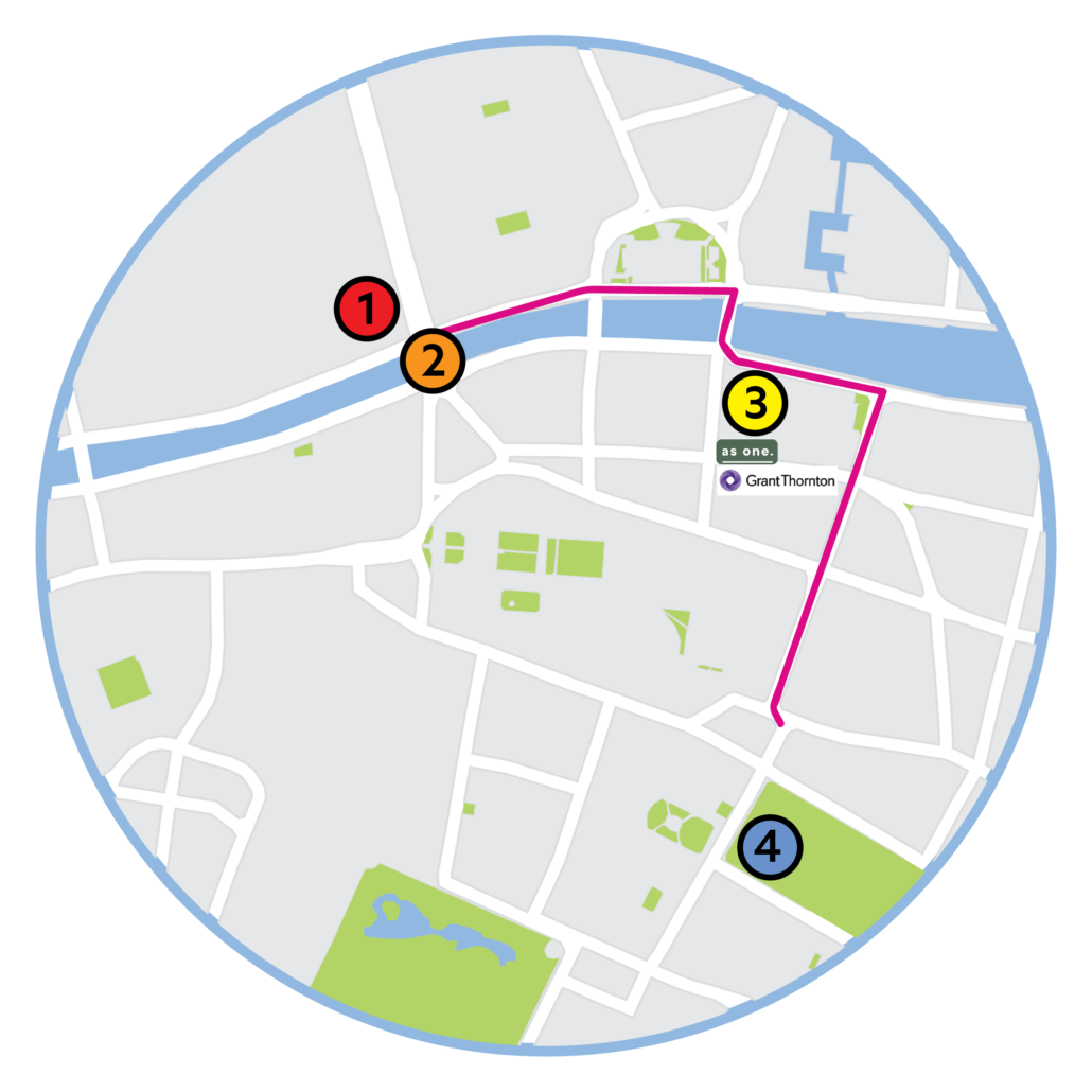 A map of Dublin city centre showing accessibility supports comprising:
1. Accessibility Bus Pick Up - O'Connell Street.
2. Accessible Viewing Area - O'Connell Bridge
3. Join In Point and Quieter Viewing Area with thanks to As One Café and Grant Thornton - City Quay. 
4. Neuro Pride Zone - Merrion Square