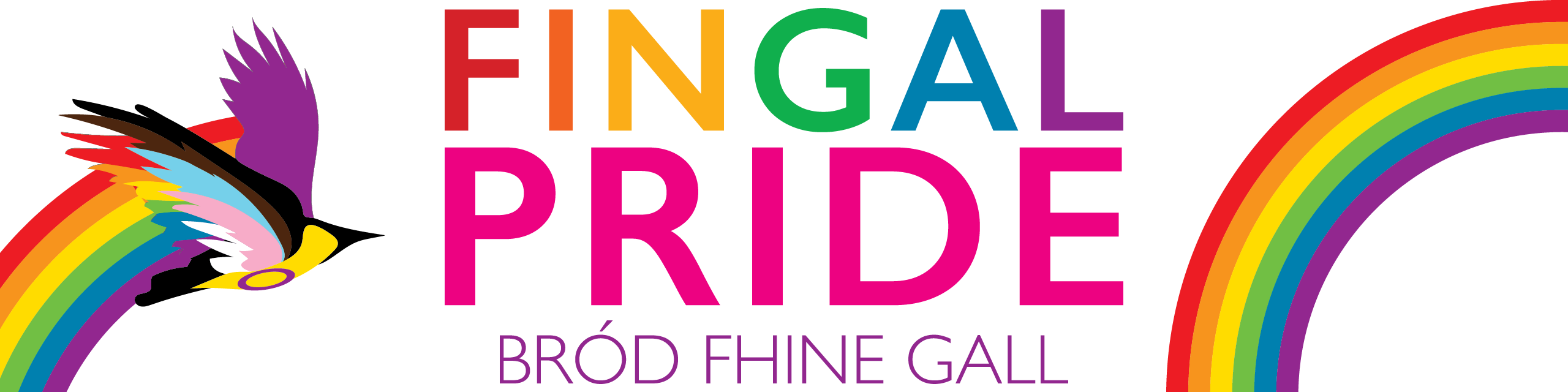 Fingal Pride/Bród Fhine Gall. Images: A raven in the colours of the Intersex Inclusive Progress flag and a rainbow