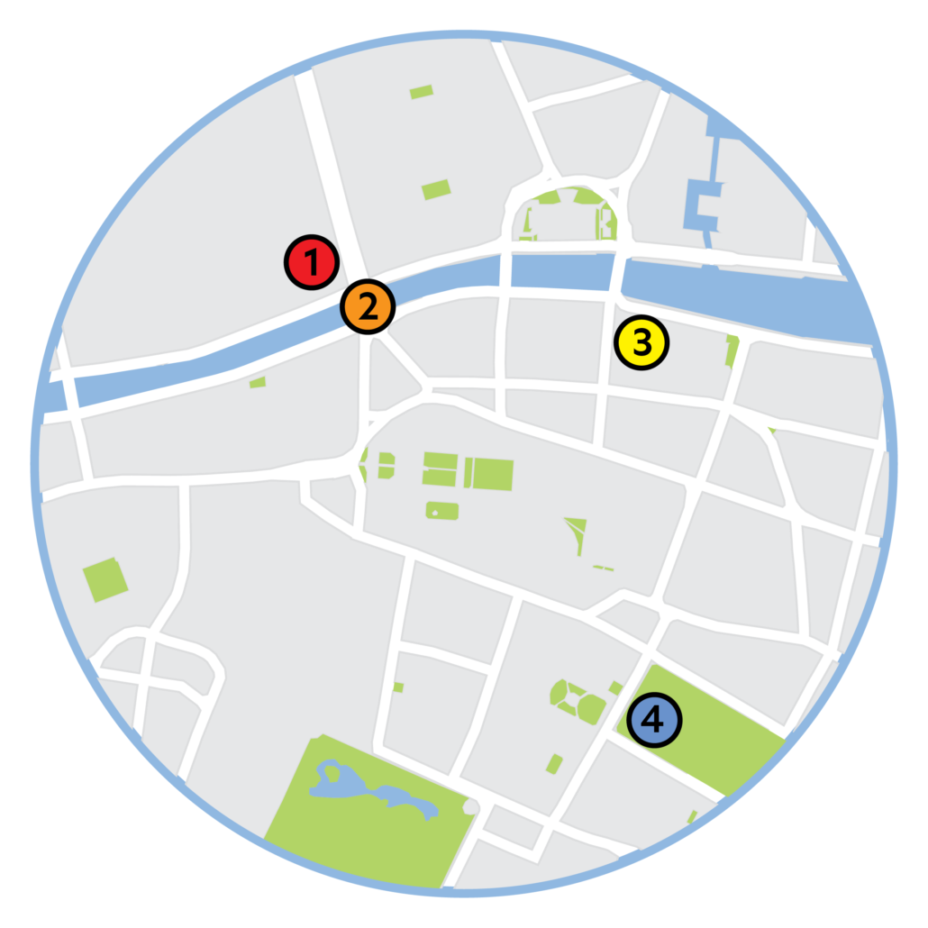 A map of Dublin city centre showing accessibility supports comprising:
1. Accessibility Bus Pick Up - O'Connell Street.
2. Accessible Viewing Area - O'Connell Bridge
3. Join In Point and Quieter Viewing Area - City Quay.
4. Neuro Pride Zone - Merrion Square