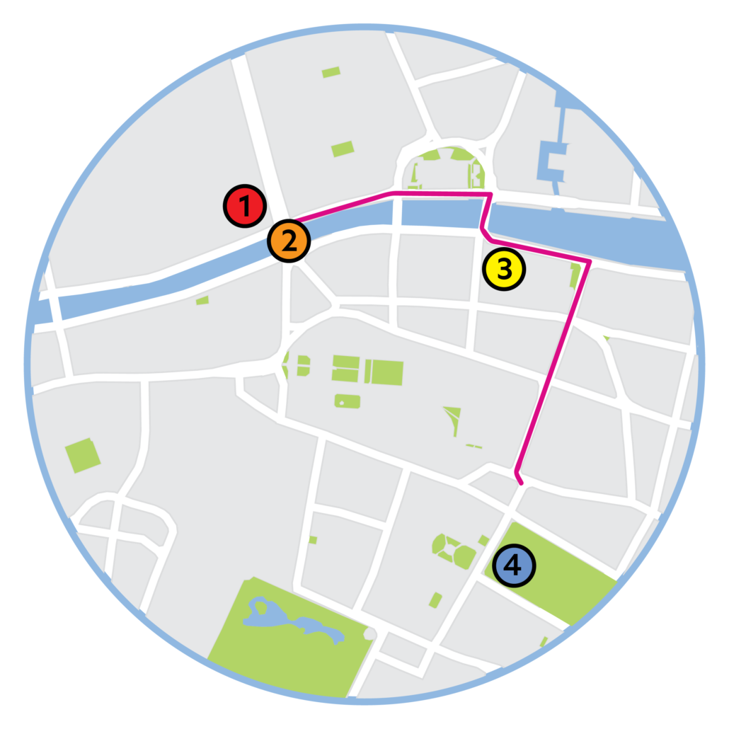 A map of Dublin city centre showing accessibility supports comprising:
1. Accessibility Bus Pick Up - O'Connell Street.
2. Accessible Viewing Area - O'Connell Bridge
3. Join In Point and Quieter Viewing Area - City Quay.
4. Neuro Pride Zone - Merrion Square