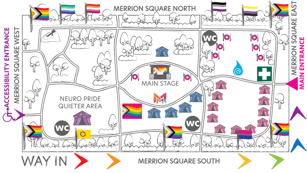 A map of Pride Square 2 highlighting the Main Entrance on Merrion Square East, the queueing area on Merrion Square South, the accessibility entrance on Merrion Square West, leading into the Neuro Pride Quieter Area, Main Stage in the centre of the park, the activations around the main stage which include Mná Mná Flags and Crafts, the Community Village in the southe east corner and the food village in the north east corner.